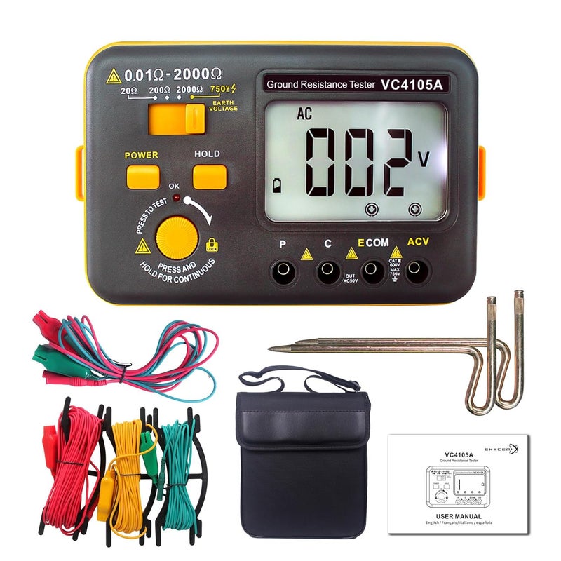 SKYCENX VC4105A Ground Earth Resistance Meter Tester, Grounding Meter Tester for Earthing,Offers Three Resistance Ranges (20Ω/200Ω/2000Ω) and AC Voltages 750V,with Tool Bag - Image 1